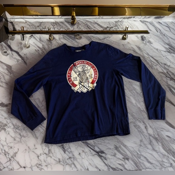 Vtg POLO by Ralph Lauren Men Green Crewneck Long Sleeve Tee Sz L Bleecker Deer - Picture 1 of 16